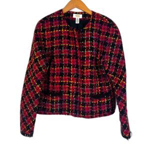 Talbots Colorful Threaded Red & Black Plaid Tweed Wool Blend Blazer Jacket Sz 12